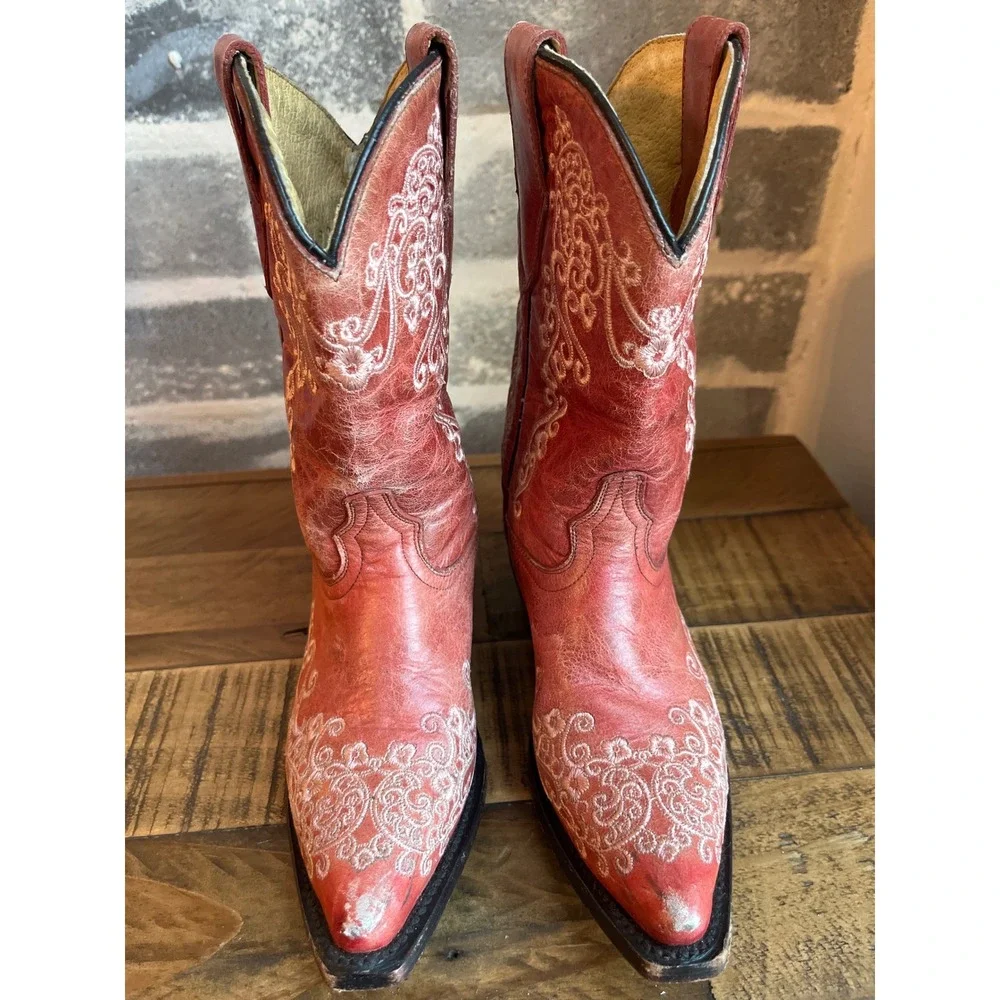 Corral‎ Boots Kids Red Leather Embroidered Western Cowboy Boots Size 12K